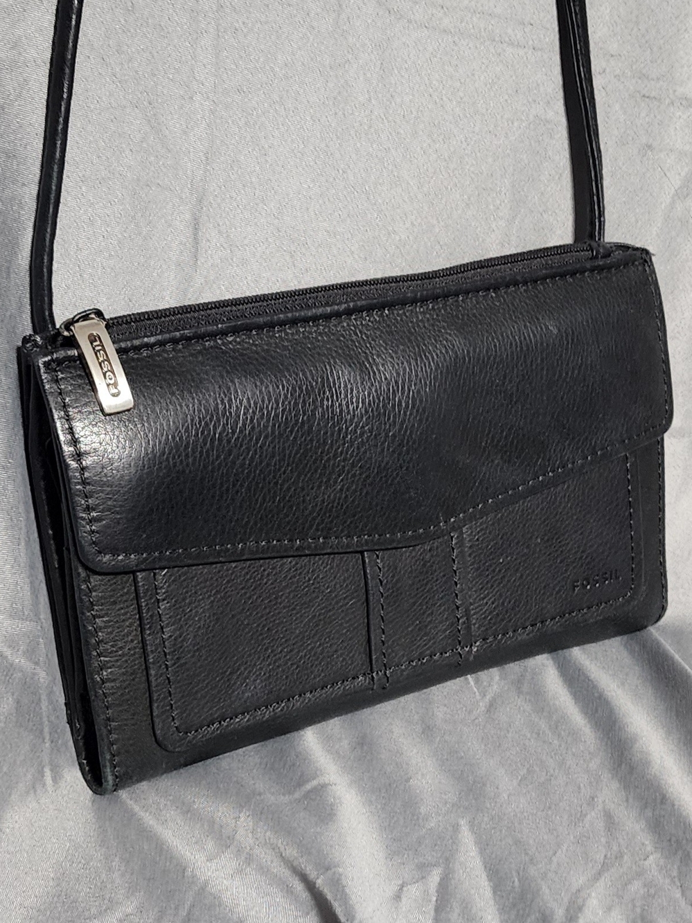 Vintage Fossil Black Leather Crossbody Bag Purse W/ Built In Wallet & Pen